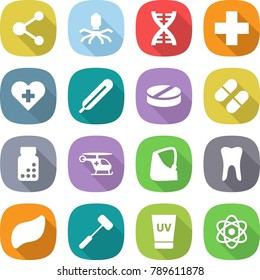 flat vector icon set - molecule vector, virus, dna, medical cross, heart, thermometer, pill, pills bottle, ambulance helicopter, broken hand, tooth, liver, doctors hammer, uv cream, atom