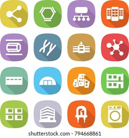flat vector icon set - molecule vector, hex, structure, server, nano tube, chromosomes, hospital, virus, bunker, hangare, modern architecture, modular house, panel, office, led, washing machine