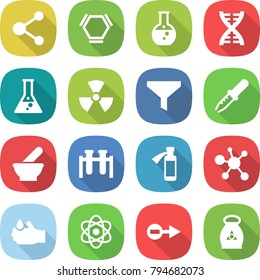 flat vector icon set - molecule vector, hex, round flask, dna, nuclear, funnel, pipette, mortar, test vial, potion bottle, virus, acid, atom, electron, fertilizer