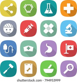 flat vector icon set - molecule vector, hex, flask, medical cross, bandaged head, syringe, patch, microscope, dropper, hat, stomach, flag, doctors hammer, roentgen, mortar, viruses