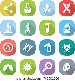 flat vector icon set - molecule vector, round flask, virus, dna, microscope, modify, test vial, microbe, chromosomes, potion bottle, biohazard, lungs, viruses, microb