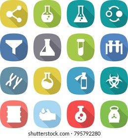 flat vector icon set - molecule vector, round flask, quantum bond, funnel, test vial, chromosomes, potion bottle, biohazard, barrel, acid, chemical, fertilizer
