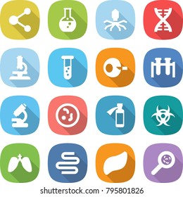 flat vector icon set - molecule vector, round flask, virus, dna, microscope, vial, artificial insemination, test, microbe, potion bottle, biohazard, lungs, intestines, liver, viruses