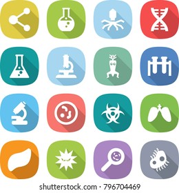 flat vector icon set - molecule vector, round flask, virus, dna, microscope, modify, test vial, microbe, biohazard, lungs, liver, viruses, microb