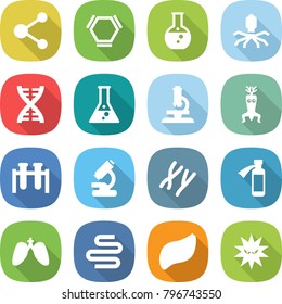 flat vector icon set - molecule vector, hex, round flask, virus, dna, microscope, modify, test vial, chromosomes, potion bottle, lungs, intestines, liver