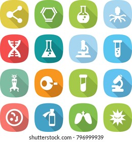 flat vector icon set - molecule vector, hex, round flask, virus, dna, microscope, vial, modify, artificial insemination, test, microbe, potion bottle, lungs