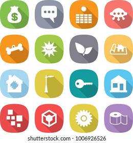 flat vector icon set - money bag vector, message, sun power, ufo, bone, virus, leafs, project, smart house, outdoor light, key, home, blocks, 3d, flower, toilet paper