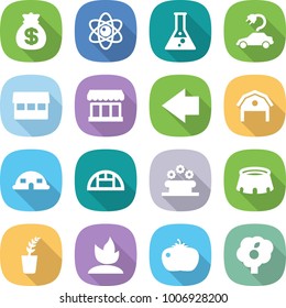 flat vector icon set - money bag vector, atom, flask, electric car, market, left arrow, barn, dome house, greenhouse, flower bed, stadium, seedling, sprouting, tomato, garden