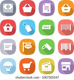 flat vector icon set - money vector, basket, account balance, remove from, delete cart, label, sale, bar code, atm receipt, store signboard, parachute delivery, credit card, shop