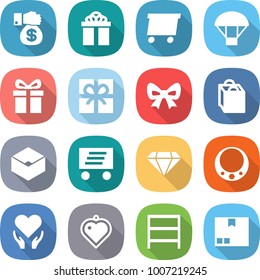 flat vector icon set - money gift vector, delivery, parachute, bow, shopping bag, box, diamond, necklace, health care, heart pendant, rack, package