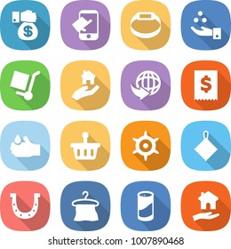 flat vector icon set - money gift vector, touch, smart bracelet, chemical industry, cargo stoller, real estate, delivery, tax, acid, basket, handwheel, rag, horseshoe, hanger, cleanser powder