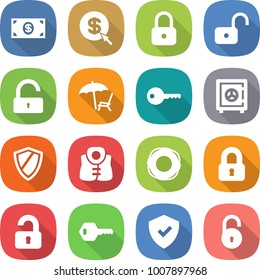 flat vector icon set - money vector, dollar arrow, lock, unlock, lounger, key, safe, shield, life vest, lifebuoy, locked, unlocked