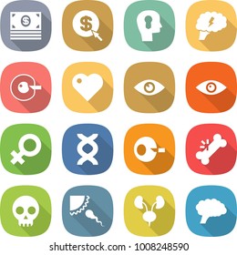 flat vector icon set - money vector, dollar arrow, bulb head, brain, cell corection, heart, eye, female sign, dna, artificial insemination, broken bone, skull, sperm, kidneys