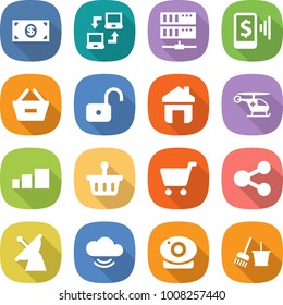 flat vector icon set - money vector, notebook connect, server, mobile pay, remove from basket, unlock, home, ambulance helicopter, sorting, cart, share, satellite antenna, cloud service, web camera