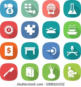 flat vector icon set - money gift vector, notebook globe, flask, sun power, puzzle, scales, fountain, tax, table, photon, drawing pen, chef knife, cereals, onion, water pump
