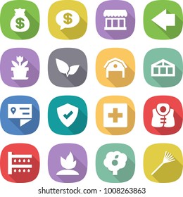 flat vector icon set - money bag vector, message, market, left arrow, flower, leafs, barn, greenhouse, location details, protected, first aid, life vest, watering, sprouting, garden, rake