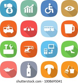 flat vector icon set - money gift vector, diagram, disability, eye, ambulance car, drawbridge, bus, cup, repair tools, helicopter, data transfer, surveillance camera, pan, vegetable oil, mushroom