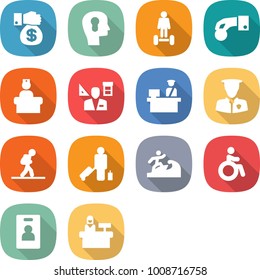 flat vector icon set - money gift vector, bulb head, hoverboard, hand coin, hospital recieption, architector, customs control, security man, tourist, passenger, surfer, invalid, identity card