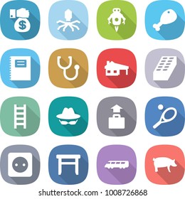 flat vector icon set - money gift vector, virus, jet robot, chicken leg, copybook, stethoscope, house with garage, brick, ladder, confidential, baggage, tennis, power socket, stool, speed train, pig