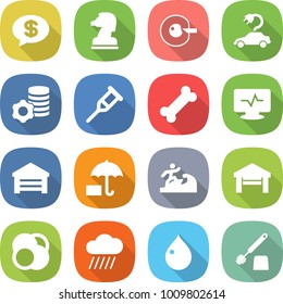 flat vector icon set - money message vector, chess horse, cell corection, electric car, virtual mining, crutch, bone, monitor pulse, garage, insurance, surfer, atom core, rain cloud, drop