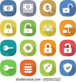 flat vector icon set - money vector, dollar arrow, unlock, lock, insurance, key, lifebuoy, locked, unlocked, plate washing, shield