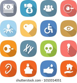 flat vector icon set - money vector, gift, group, cell corection, virus, heart, disability, eye, artificial insemination, chromosomes, skull, sperm, ear, hospital recieption, hand drop, housing
