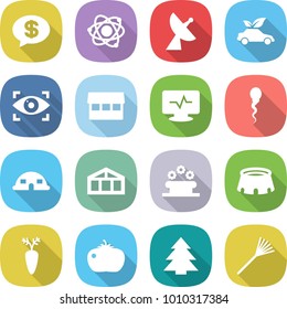 flat vector icon set - money message vector, atom, satellite antenna, eco car, eye identity, market, monitor pulse, sperm, dome house, greenhouse, flower bed, stadium, carrot, tomato, spruce, rake