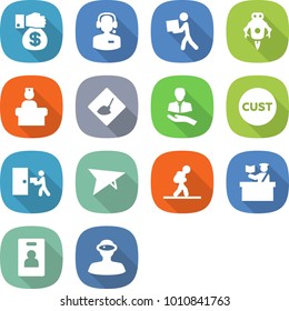 flat vector icon set - money gift vector, call center, courier, jet robot, hospital recieption, under construction, client, customs, delivery, deltaplane, tourist, inspector, identity card