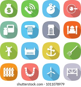 flat vector icon set - money bag vector, call, stopwatch, cell corection, scales weight, column, building, minaret, windmill, gothic architecture, anchor, fork, fence, horseshoe, farm