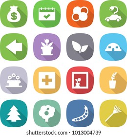 flat vector icon set - money bag vector, calendar, atom core, electric car, left arrow, flower, leafs, dome house, bed, first aid, in window, seedling, spruce, garden, peas, rake