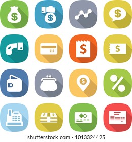 flat vector icon set - money bag vector, gift, graph, message, hand coin, credit card, receipt, wallet, purse, dollar pin, percent, cashbox, invoice
