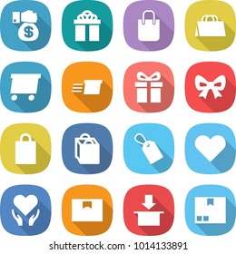 flat vector icon set - money gift vector, shopping bag, delivery, bow, label, heart, health care, package box