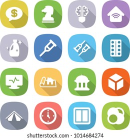 flat vector icon set - money message vector, chess horse, bulb brain, wireless home, cleanser, crutch, pills blister, monitor pulse, project, goverment house, 3d, tent, watch, power switch