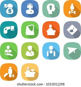 flat vector icon set - money gift vector, call center, bulb head, hoverboard, hand coin, broken, hospital recieption, under construction, client, support manager, workman, deltaplane, passenger