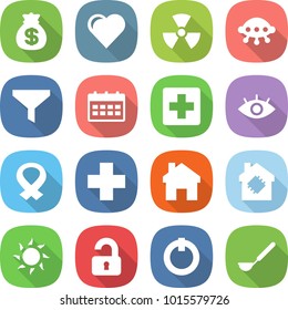 flat vector icon set - money bag vector, heart, nuclear, ufo, funnel, calendar, medical cross, eye, harness, home, smart house, sun, unlocked, on off button, ladle