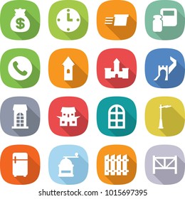 flat vector icon set - money bag vector, clock, delivery, scales weight, phone, tower, castle, greate wall, building, japanese house, arch window, outdoor light, fridge, hand mill, fence, farm