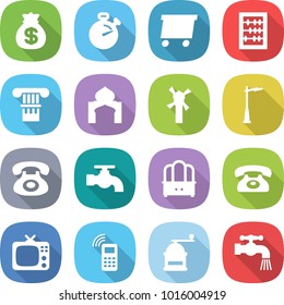 flat vector icon set - money bag vector, stopwatch, delivery, abacus, column, minaret, windmill, outdoor light, phone, water tap, dresser, tv, mobile, hand mill