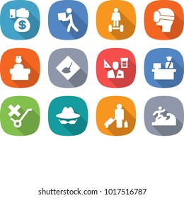 flat vector icon set - money gift vector, courier, hoverboard, virtual mask, hospital recieption, under construction, architector, customs control, do not trolley sign, confidential, passenger