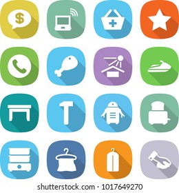 flat vector icon set - money message vector, notebook wireless, add to basket, star, phone, chicken leg, sun potection, jet ski, table, hammer, robot, toaster, double boiler, hanger, dry wash