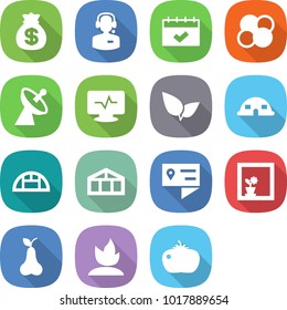 flat vector icon set - money bag vector, call center, calendar, atom core, satellite antenna, monitor pulse, leafs, dome house, greenhouse, location details, flower in window, pear, sprouting