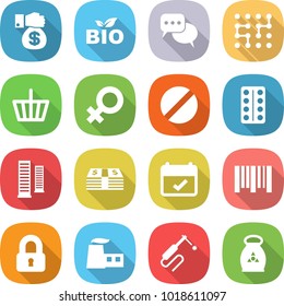 flat vector icon set - money gift vector, bio, discussion, chip, basket, female sign, pill, pills blister, skyscrapers, terms, bar code, locked, factory, welding, fertilizer