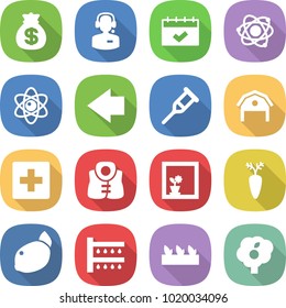 flat vector icon set - money bag vector, call center, calendar, atom, left arrow, crutch, barn, first aid, life vest, flower in window, carrot, lemon, watering, seedling, garden