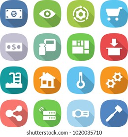 flat vector icon set - money vector, eye, around gear, cart, scales weight, consolidated cargo, package, pool, home, thermometer, gears, share, server, projector, meat hammer
