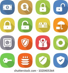 flat vector icon set - money vector, dollar arrow, lock, unlock, insurance, safe, shield, life vest, lifebuoy, key, plate washing