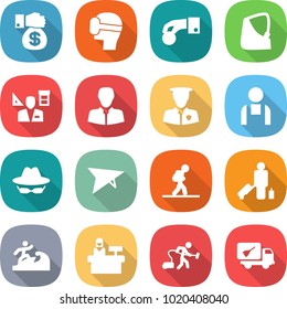 flat vector icon set - money gift vector, virtual mask, hand coin, broken, architect, client, security man, workman, confidential, plane, tourist, passenger, surfer, reception, vacuum cleaner