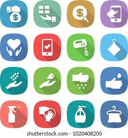 flat vector icon set - money gift vector, dollar arrow, touch, health care, mobile checking, mixer, rag, harvest, hand leaf, sow, drop, sprayer, wiping, liquid soap, hanger