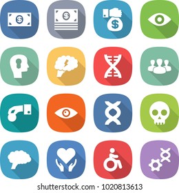 flat vector icon set - money vector, gift, eye, bulb head, brain, dna, group, hand coin, skull, health care, invalid, edit