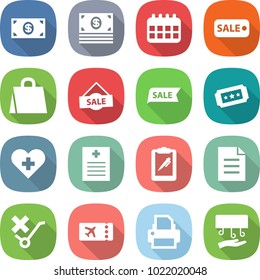 flat vector icon set - money vector, calendar, sale, shopping bag, ticket, heart cross, recipe, clipboard pen, document, do not trolley sign, printer, hand dryer