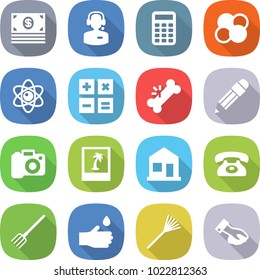 flat vector icon set - money vector, call center, calculator, atom core, broken bone, pencil, camera, photo, home, phone, fork, hand drop, rake, wiping