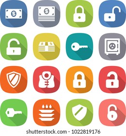 flat vector icon set - money vector, lock, unlock, key, safe, shield, life vest, locked, unlocked, plate washing